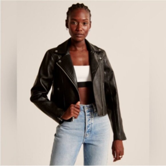 Abercrombie & Fitch Faux Leather Moto Jacket Vegan Biker Jacket Black Small - Picture 2 of 12